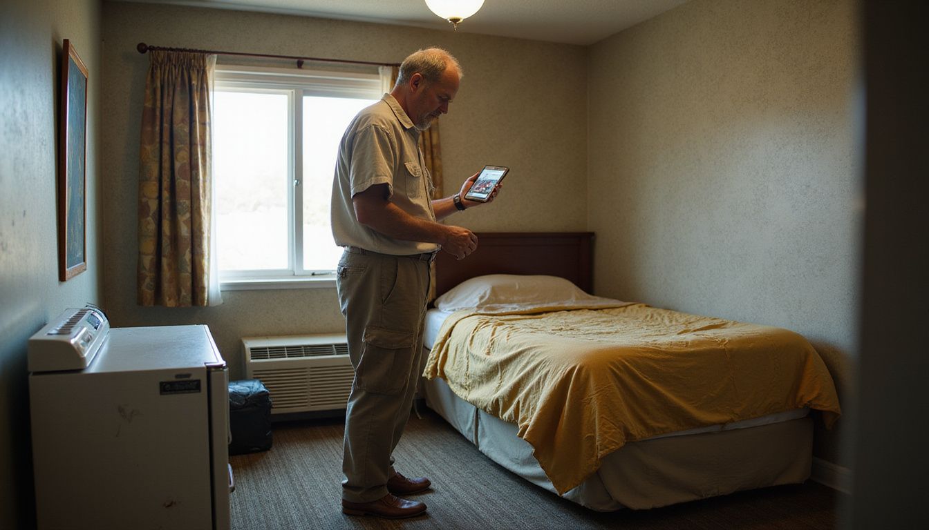 A disappointed man stands in a worn, cramped hotel room.