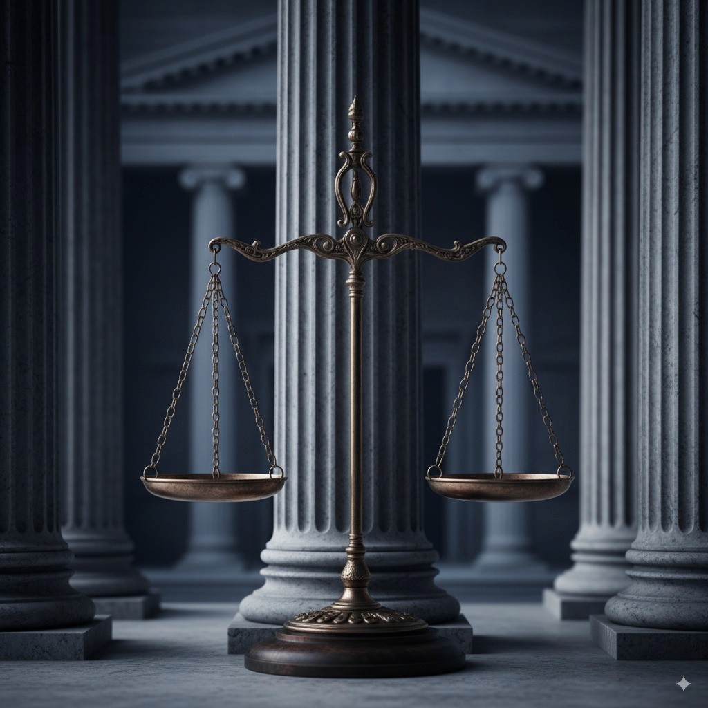 Typical stock image appeared in law firm's website, Scales of justice, classical columns, navy blue and gray color schemes.