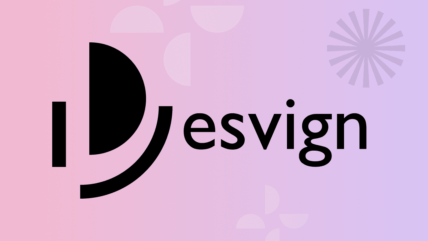 Desvign logo in black with a stylized capital ‘D’ on a pink and lavender gradient background with abstract shapes.