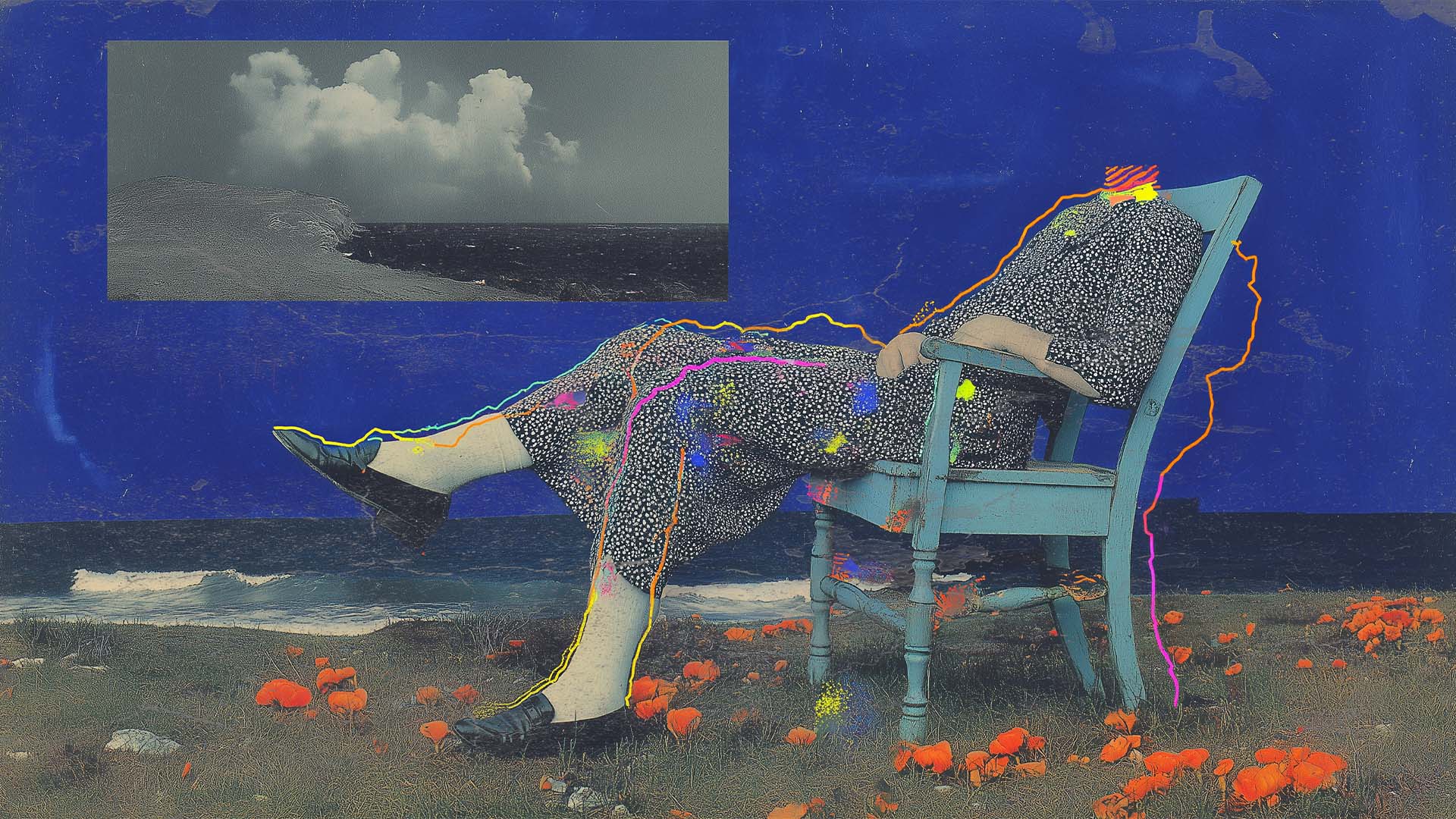 Conceptual collage of a resting figure against a deep blue wall, modern surreal digital art.