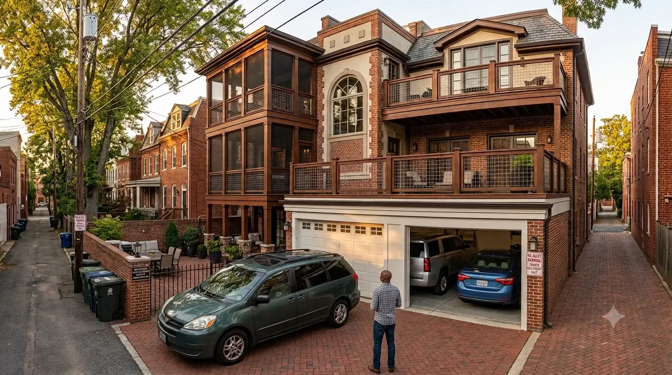 Several guest cars parked outside a large group vacation rental.