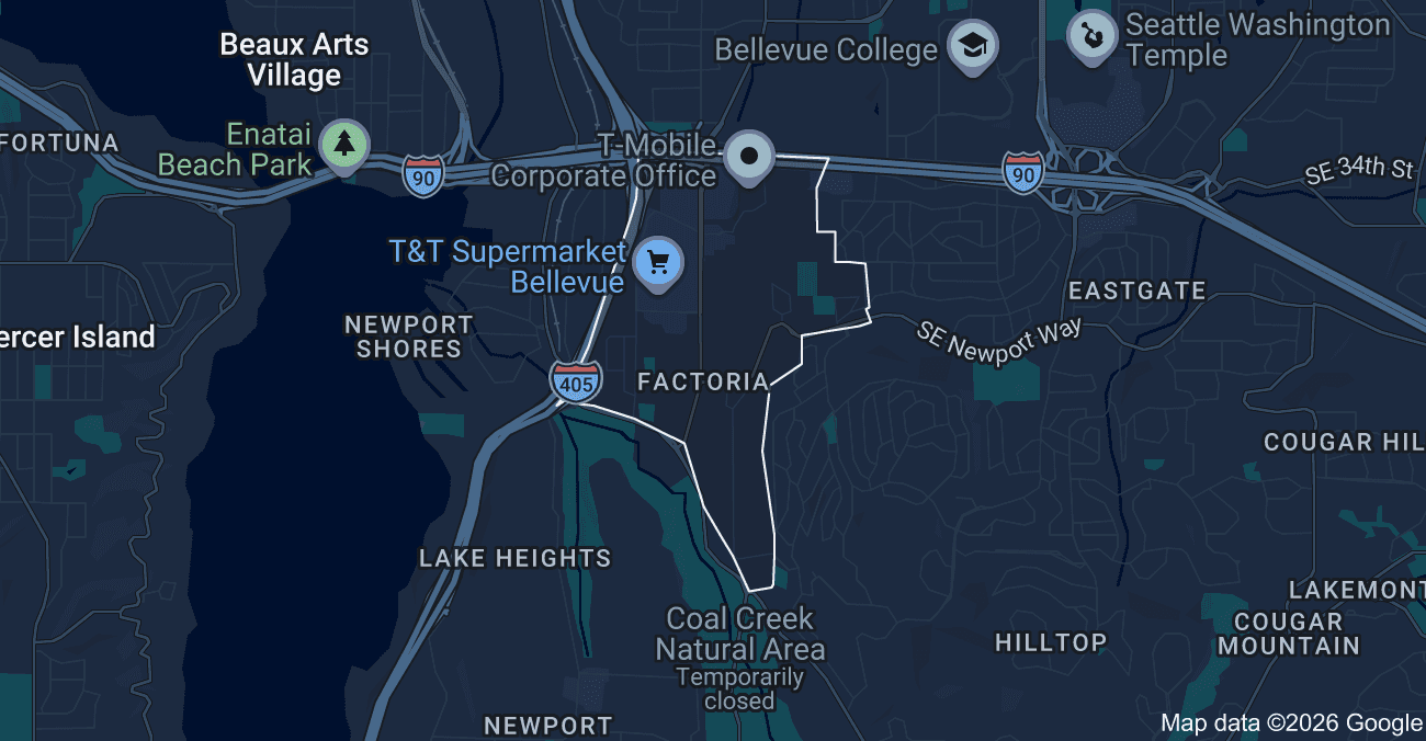 Map of Factoria Bellevue neighborhood near I-90 and I-405.