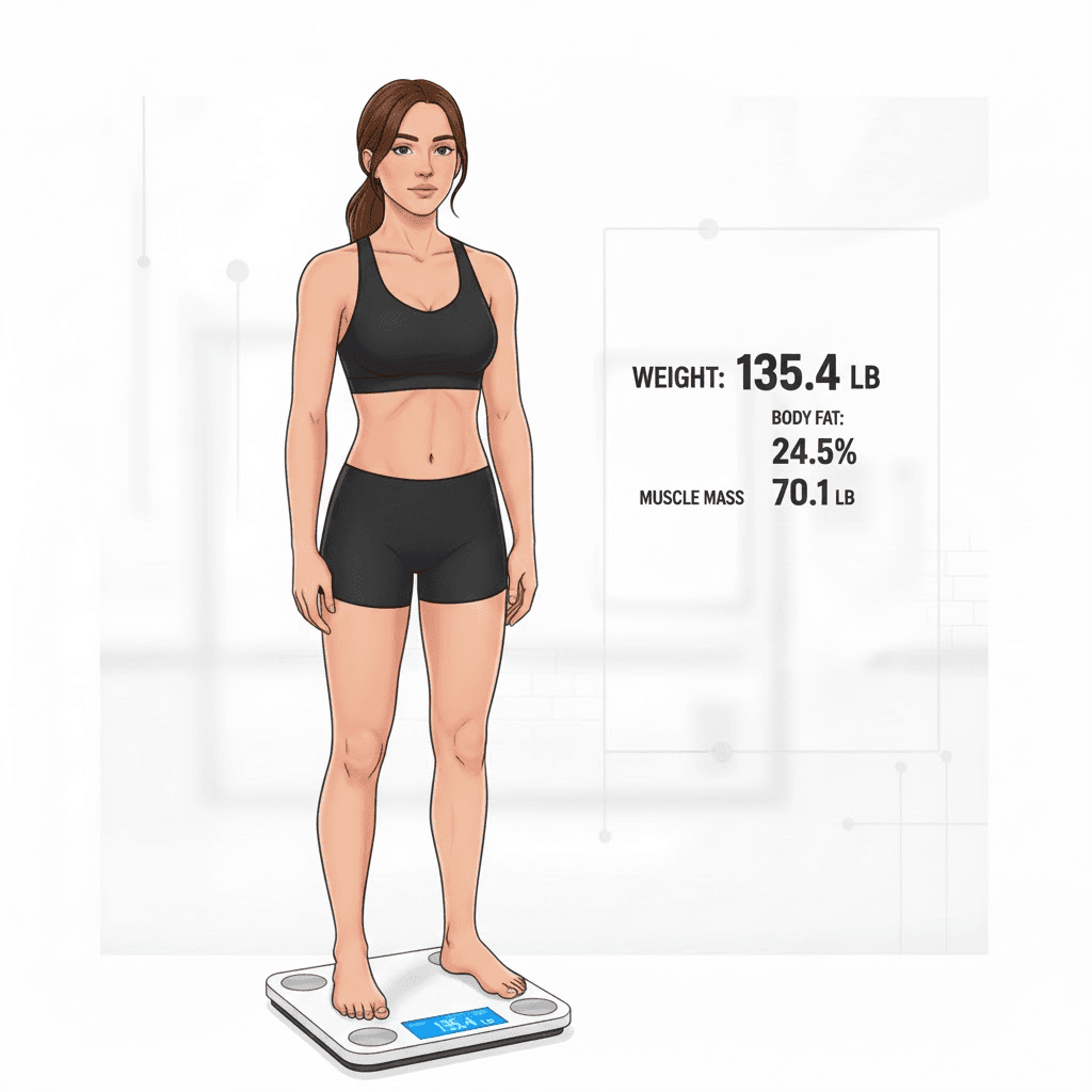 Infographic showing body composition analysis for a woman, including weight tracking, body fat percentage, and muscle mass measurements on a smart scale.