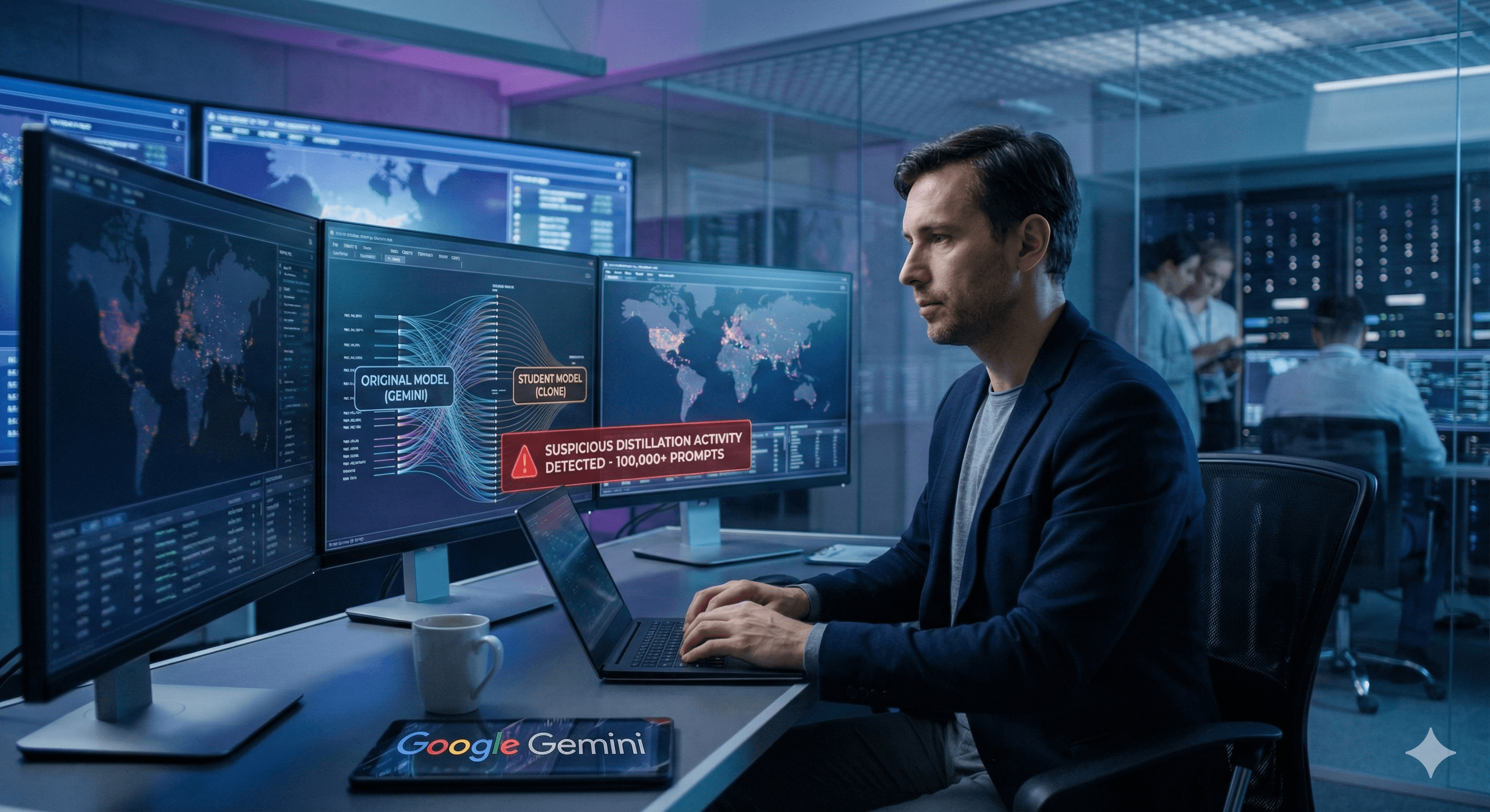 A cybersecurity expert sits in a modern control room surrounded by multiple computer monitors displaying global maps and data on AI model security, focusing on identifying suspicious activity related to Gemini Model Extraction Attacks and 'AI Cloning'.