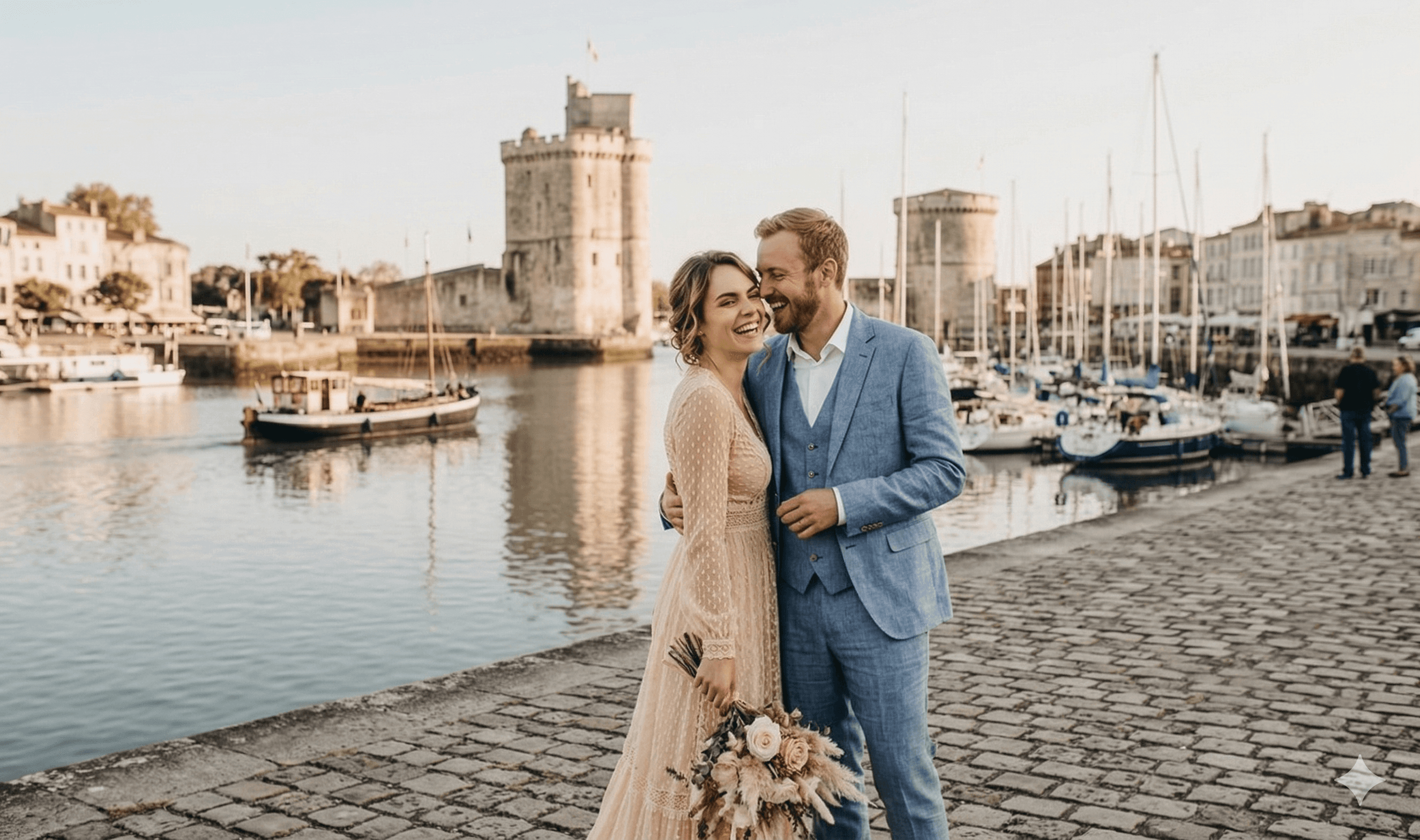 A couple in formal wedding attire embraces intimately in a vast.