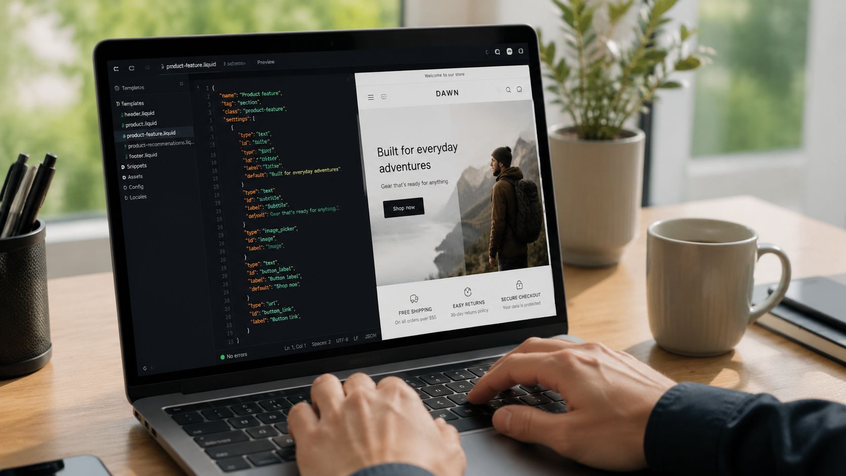 A person writing Shopify theme customization code on a laptop with a website preview visible.