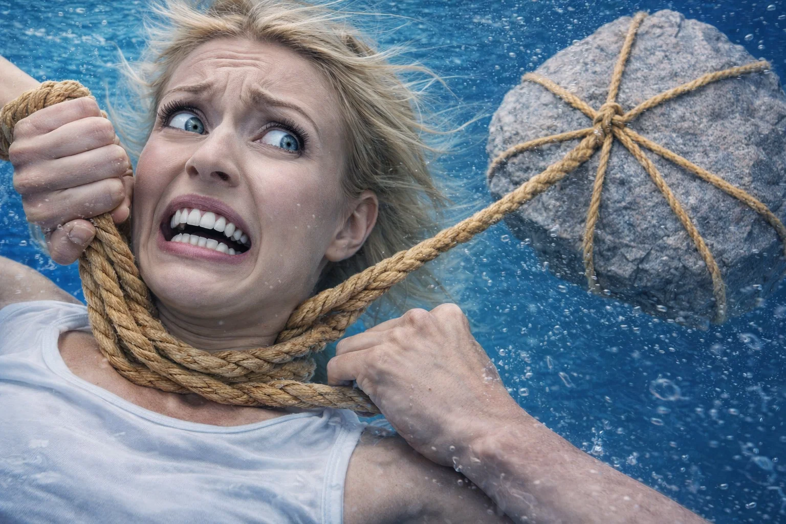 Terrified woman swimming in blue water as a crocodile lunges with open jaws.
