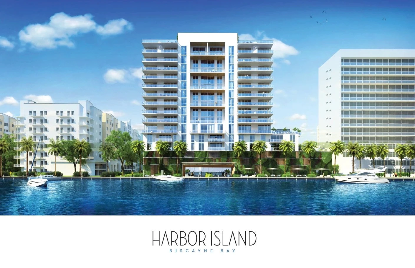 Harbor Island residential tower illuminated at twilight on Biscayne Bay in North Bay Village, with waterfront dockage