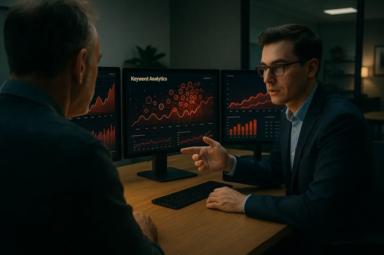 Two professionals analyzing charts at RockN' Socials Digital Marketing Agency.