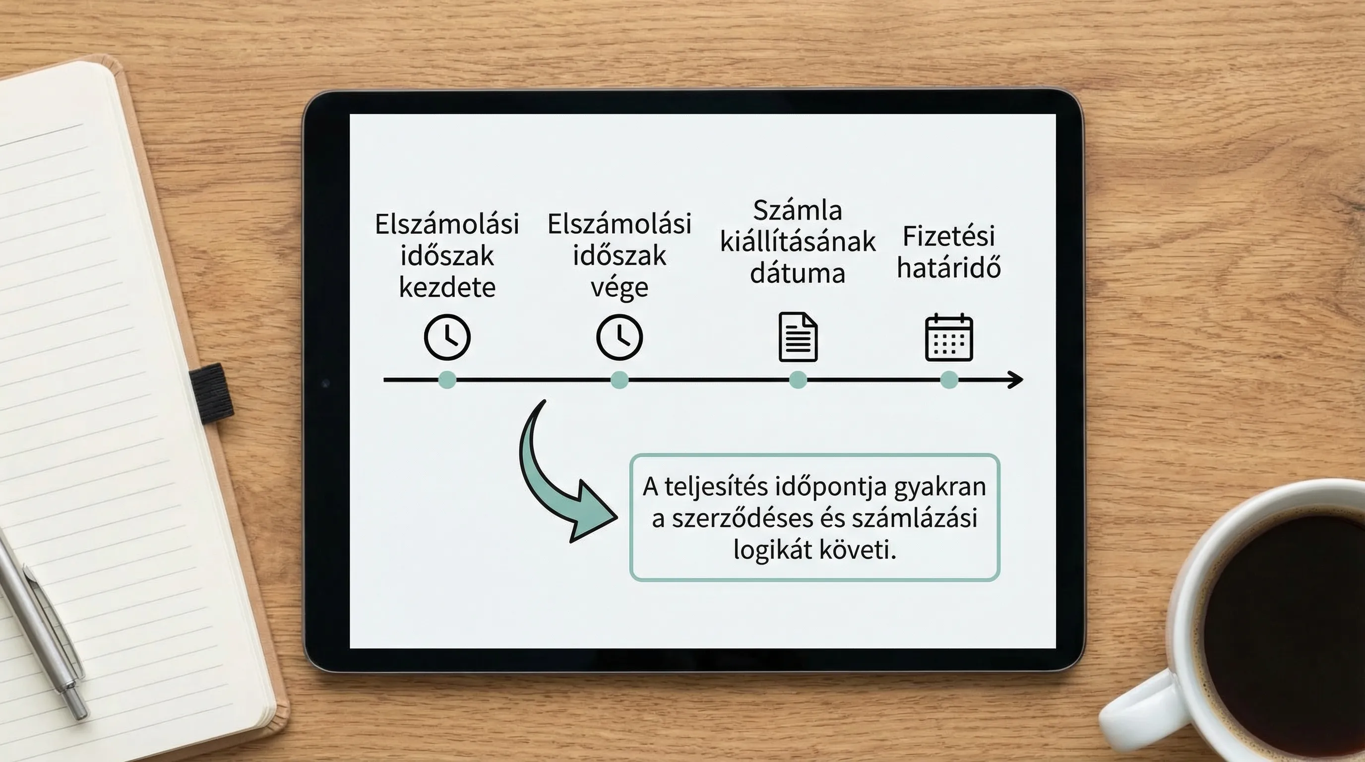 Egyszerű idővonal diagram: balról jobbra az elszámolási időszak kezdete és vége, a számla kiállításának dátuma, majd a fizetési határidő jelölve, alatta egy nyíl, ami mutatja, hogy a teljesítés időpontja gyakran a szerződéses és számlázási logikát kö...