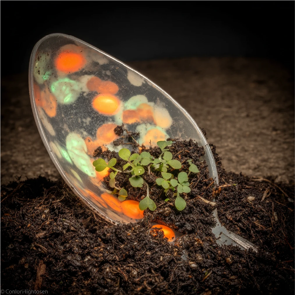 Soil with sprouts and colored polymer pellets, symbolizing material breakdown.