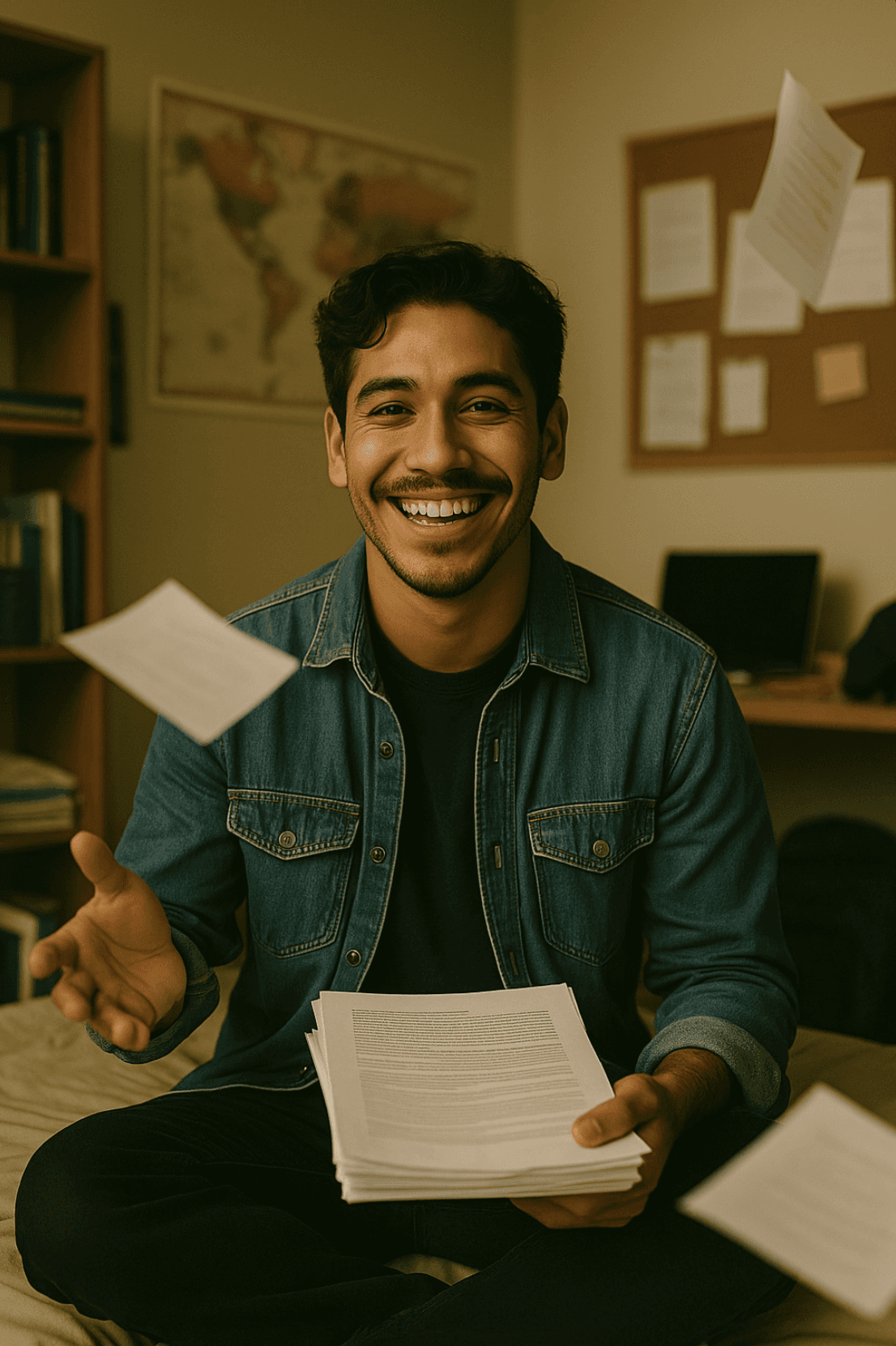 A young woman with curly hair and glasses smiles warmly while sitting in a sunlit room filled with various potted plants, creating a cozy and inviting atmosphere.