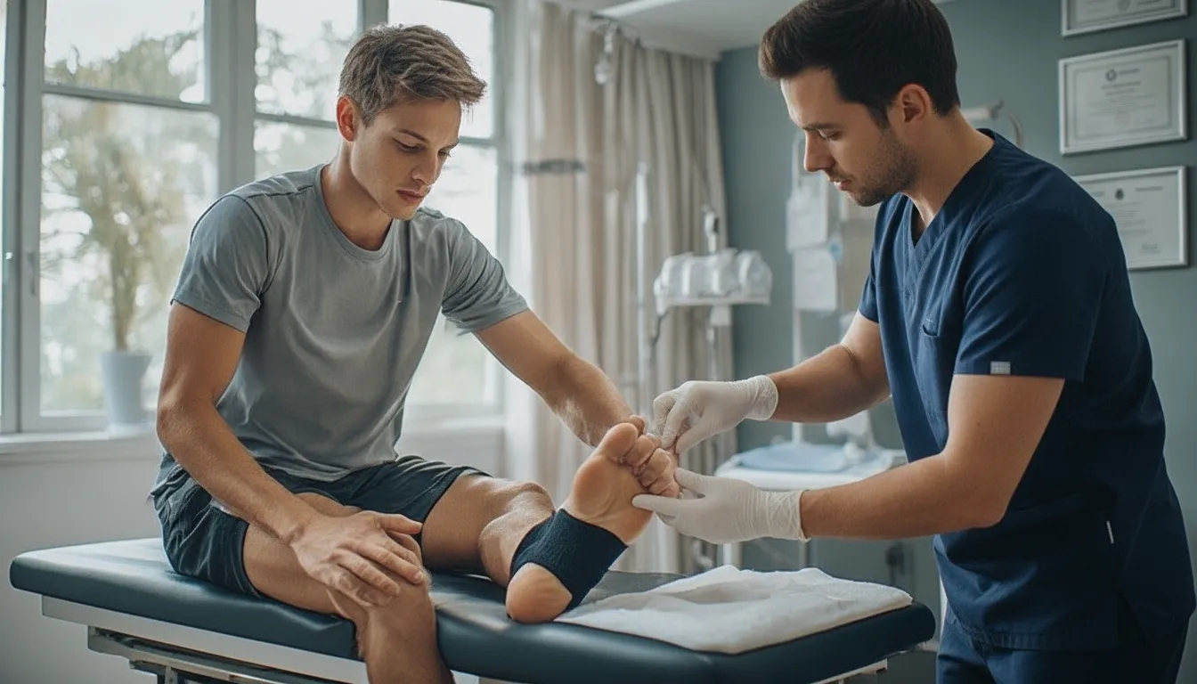Clinician examining the lower leg during a high ankle sprain evaluation