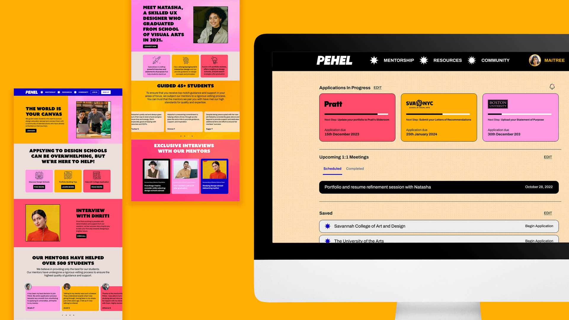 A computer screen displays a Pehel application interface. The screen shows sections for Applications in Progress, Upcoming 1:1 Meetings, and Saved/Applications. Application progress includes Pratit (15th December 2023), SUNYC (25th January 2024), and Pratit (30th December 2023). Meetings are scheduled for October 28, 2022. Saved applications include Savannah College of Art and Design and The University of the Arts.