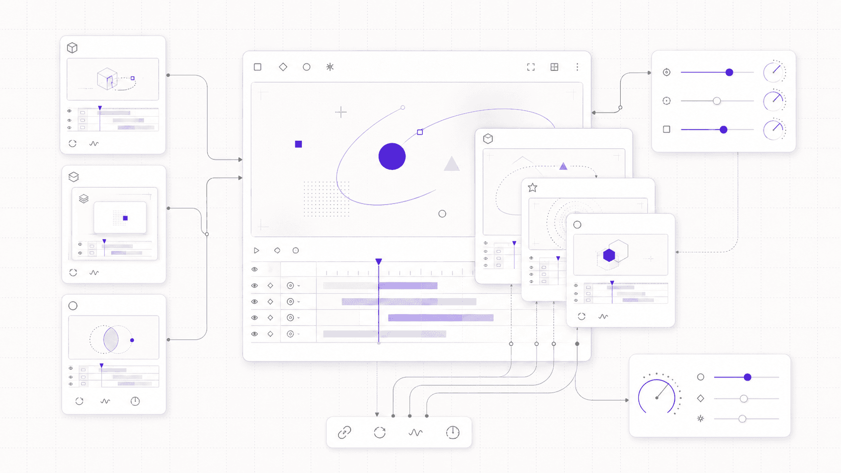 A minimal illustration of nested timelines inside timelines, with stacked precomp cards, loop icons, time-remap controls, expression sliders, and a main composition viewer.