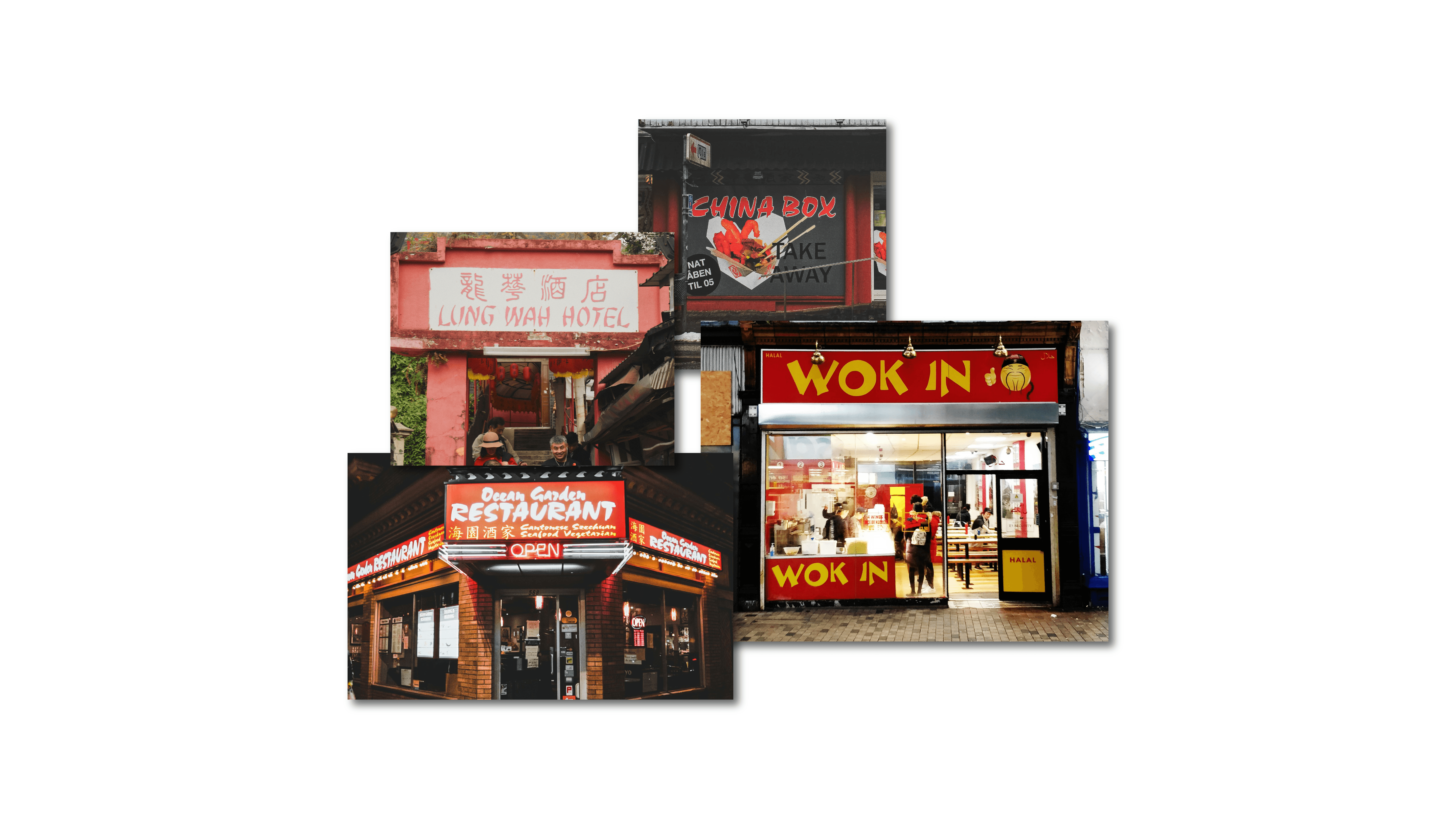 Collage of four Chinese takeaway storefront signs using varied chop suey–style lettering on a white background.