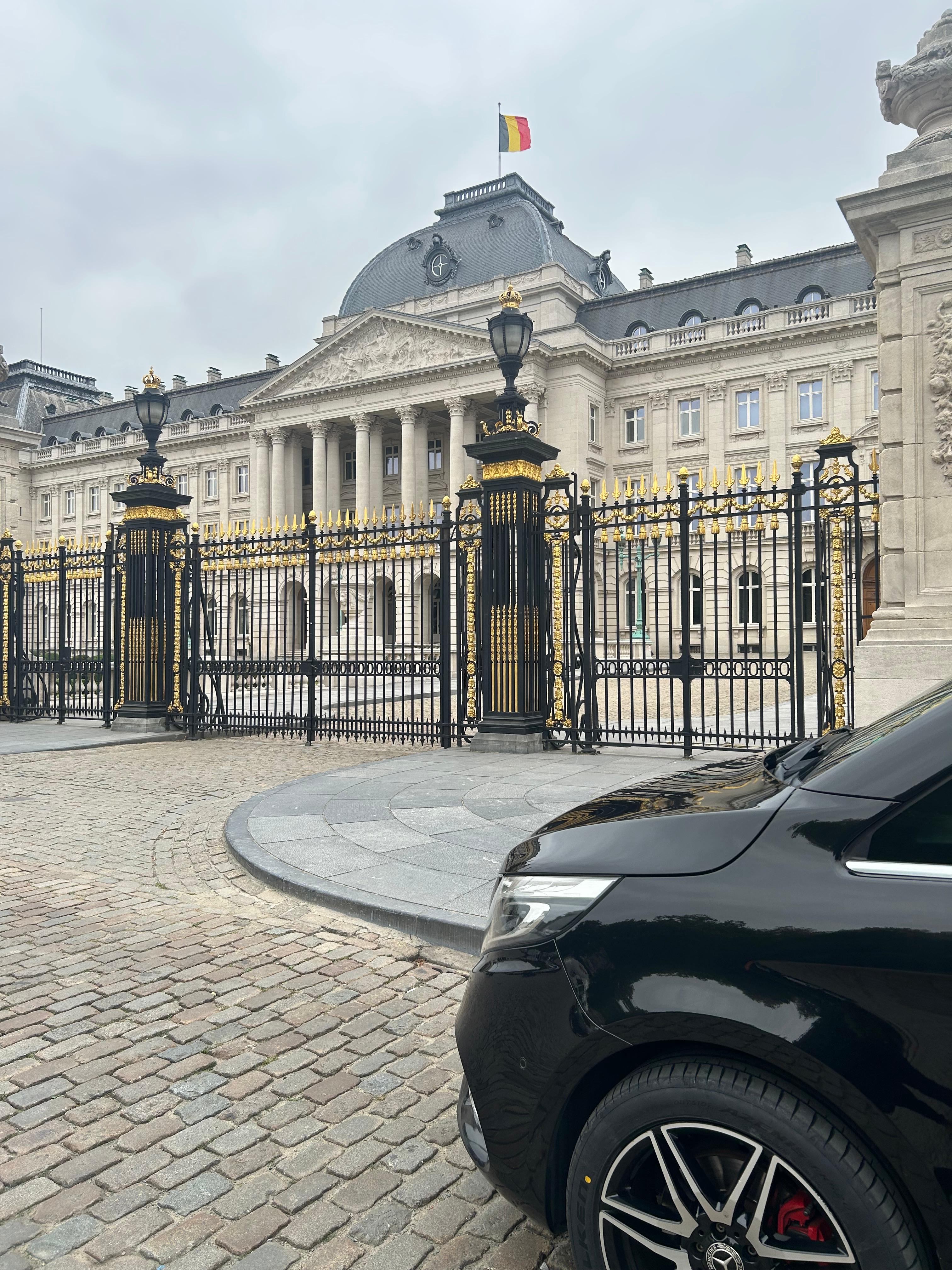 Schuin vooraanzicht van een Mercedes-Benz V-Klasse busje, met op de achtergrond een landgoed met een statig gebouw en verzorgde voortuin.