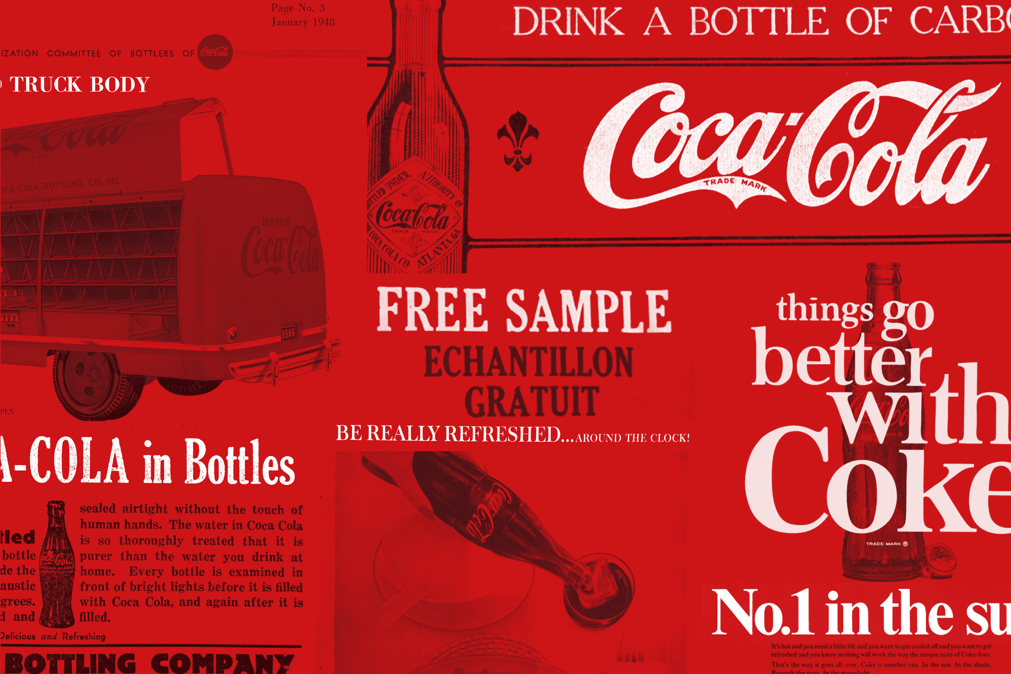 A collage of vintage advertisements featuring Coca-Cola, predominantly in red tones.