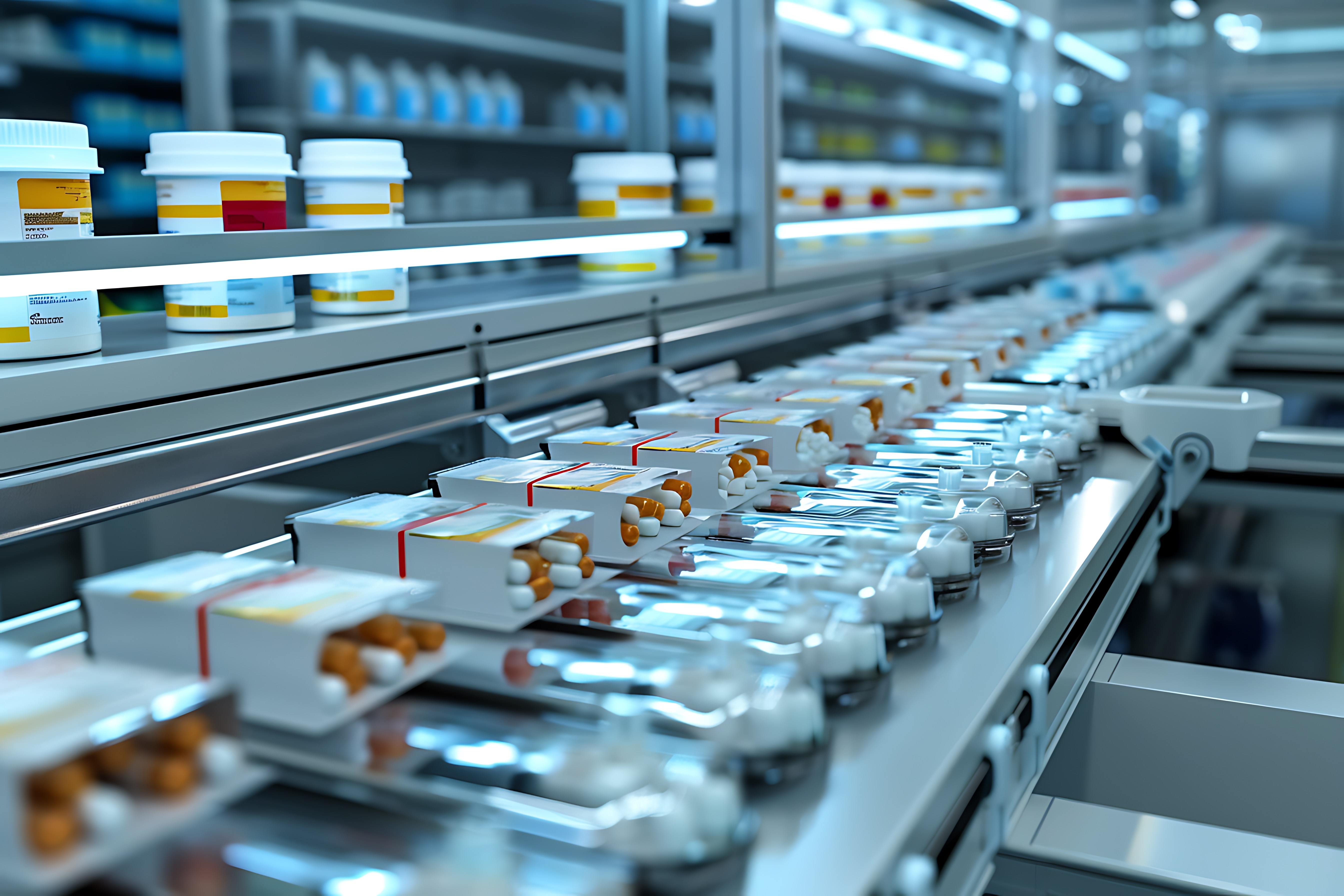 Pharmaceutical manufacturing line with packaged medicines, representing Bachelor of Pharmacy education and drug production.