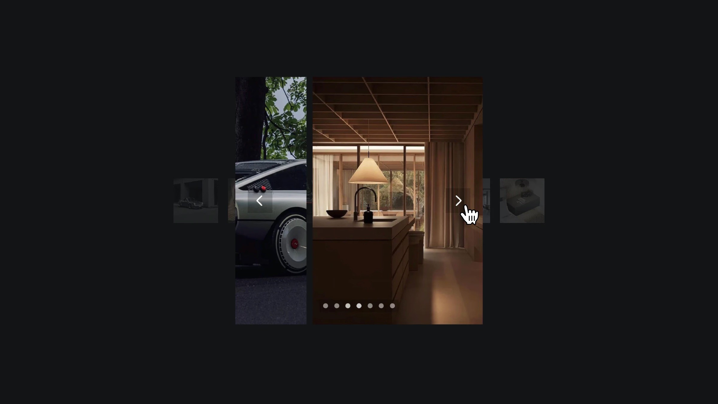 Modern image slider with navigation arrows and thumbnail previews