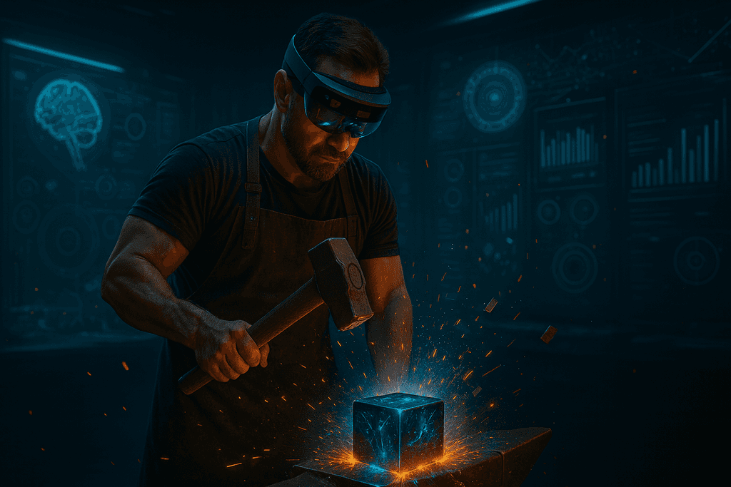 a person holding a small device in front of a laptop