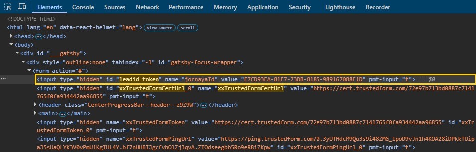 The same form in DevTools: the search for leadid_token highlights the hidden field holding Jornaya's 36-character token