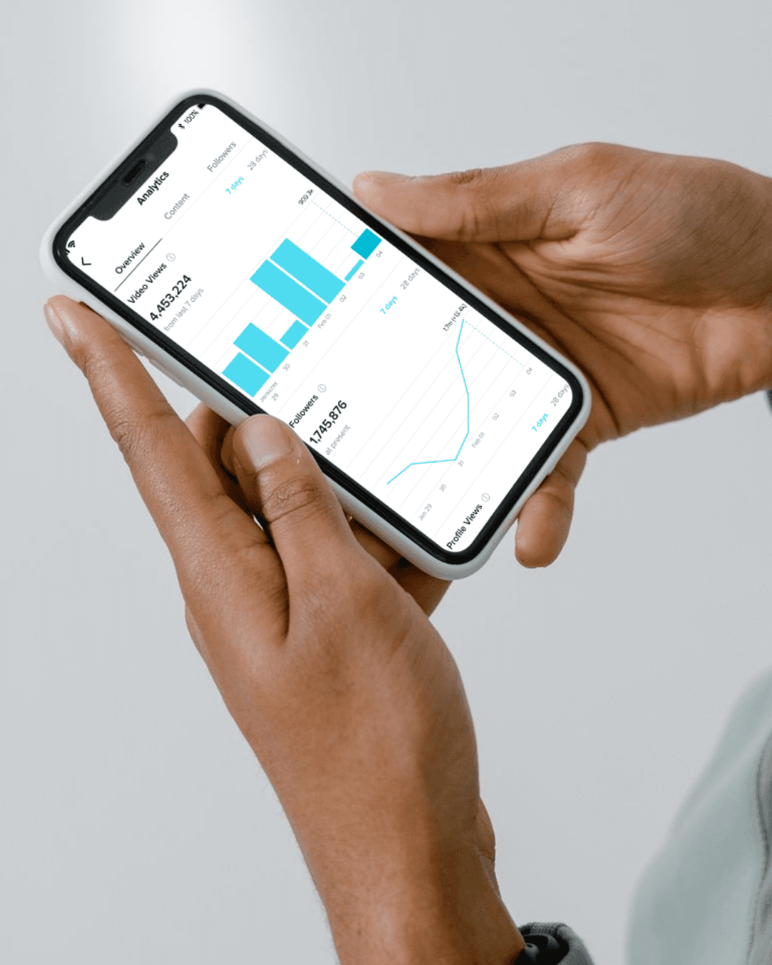 Hands holding a phone showing ad performance charts