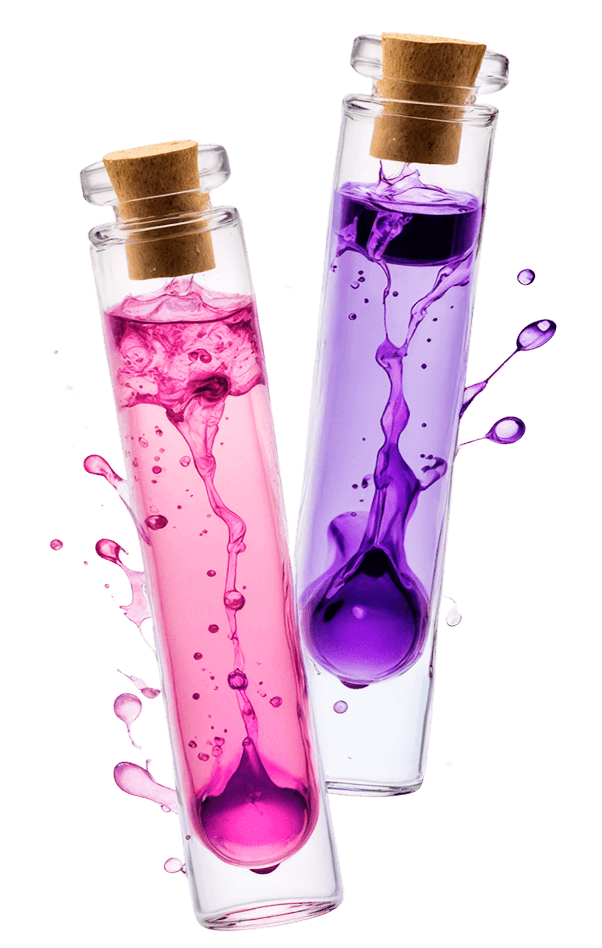 Two test tubes, one filled with pink liquid and the other with purple liquid, both with cork stoppers.