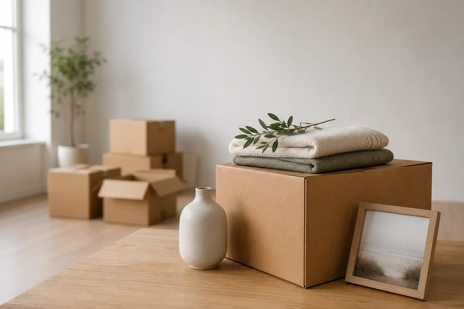 Minimalistische Szene mit Umzugskartons, persönlichen Gegenständen und heller Wohnung – symbolisches Beitragsbild für Entrümpelung nach Todesfall und Wohnungsauflösung.