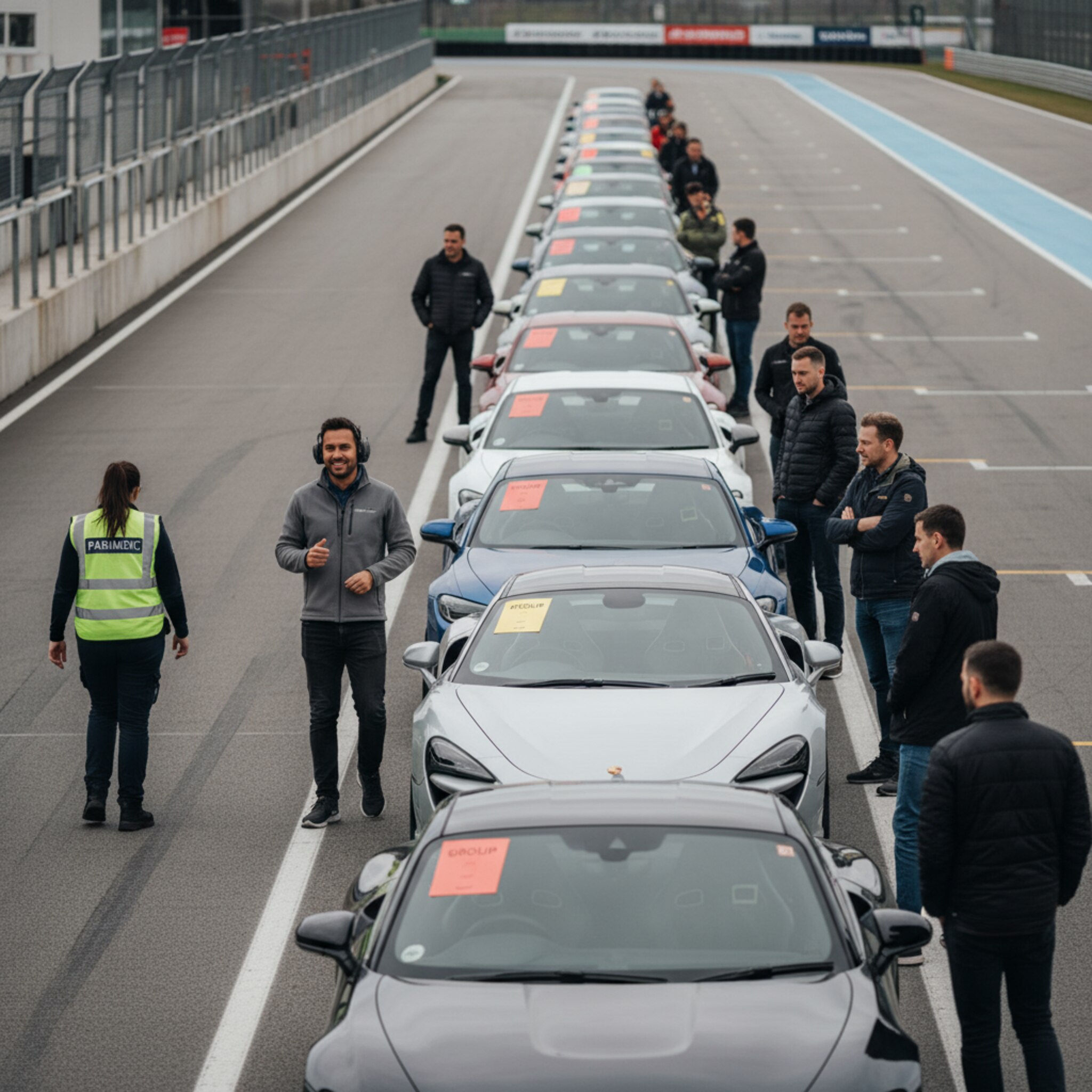 Auf dem Vorstartbereich stehen Fahrzeuge in drei kleinen Reihen, an jedem Auto eine farbige Gruppenkarte. Ein Instruktor gibt letzte Anweisungen, ein Sanitäter wirft einen kurzen Blick über die Fläche. Alles wirkt geordnet, sicher und bereit für den ersten Einfahrtsruf.