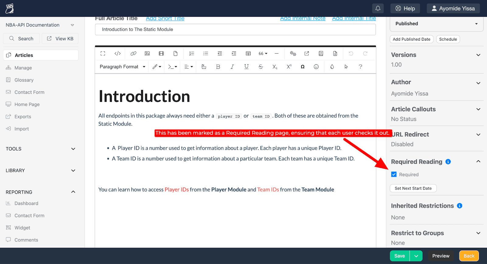 A screenshot of a KnowledgeOwl article that has been marked as a "Required Reading" article.