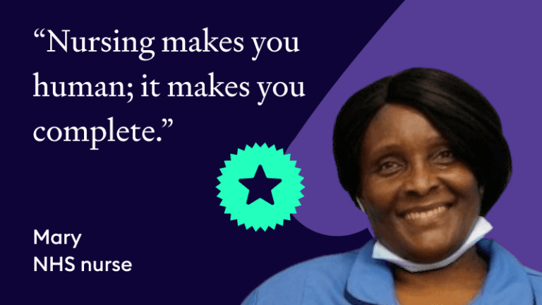 Mary, an NHS nurse and Florence Star Award winner, smiling on a dark purple background with a star icon and the quote "Nursing makes you human; it makes you complete."