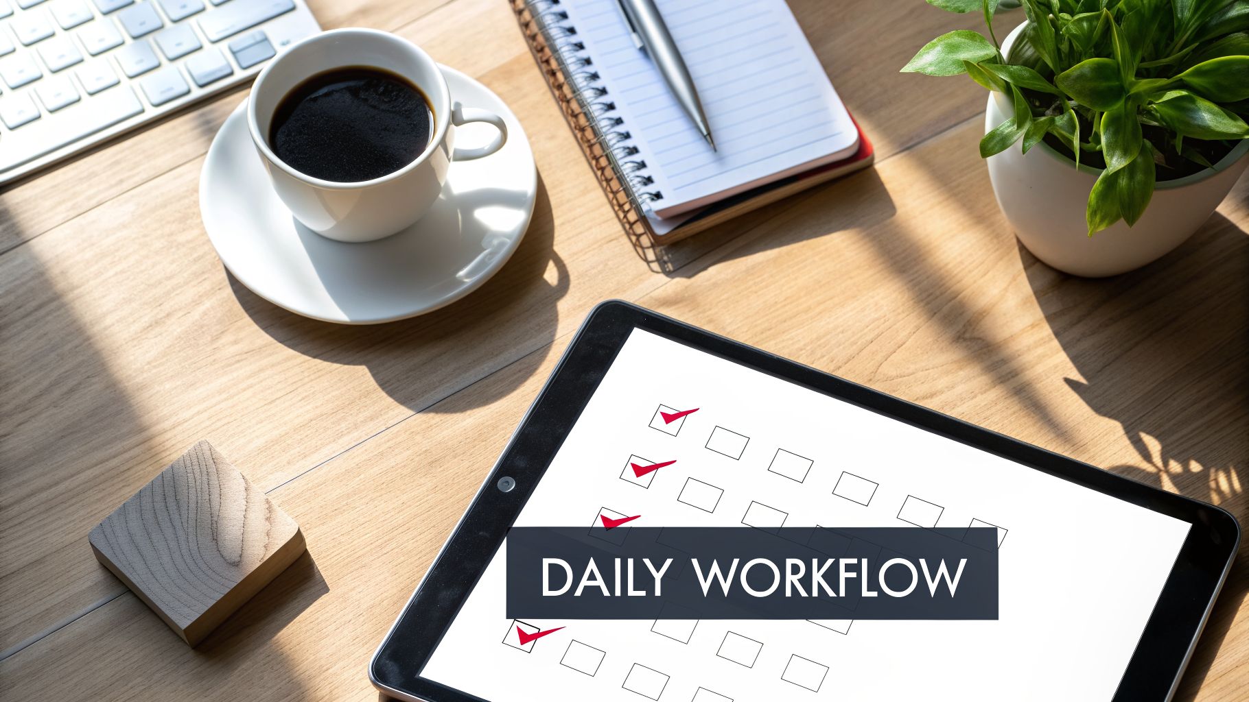 Flat lay of a modern workspace with a tablet displaying a 'DAILY WORKFLOW' checklist, coffee, and plant.