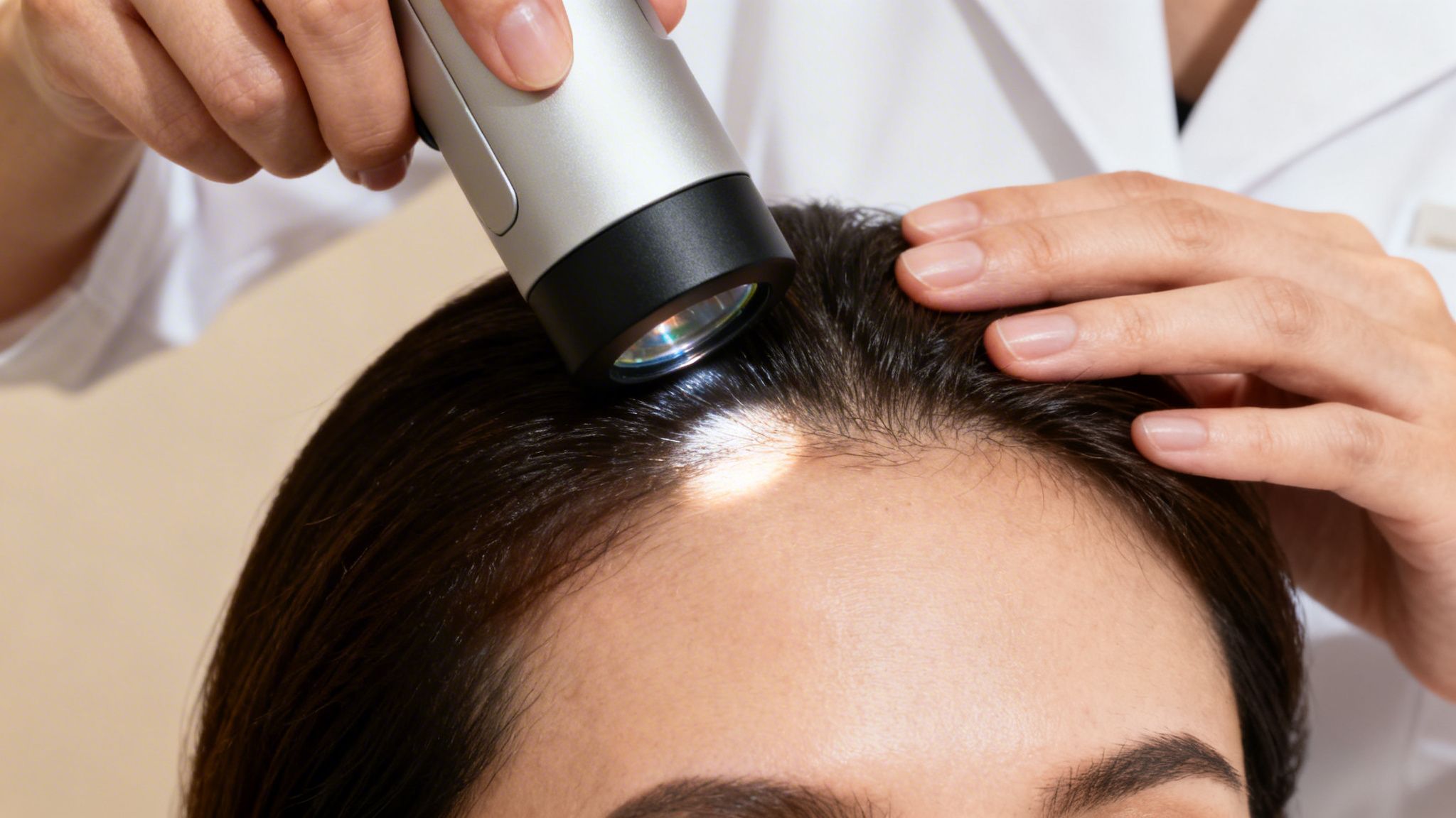 Professional dermatologist examining a patient's scalp using a specialized lighted magnifying tool.