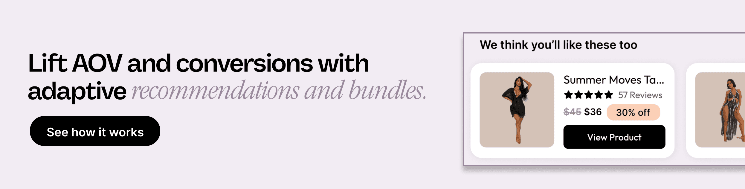 Banner highlighting how adaptive product recommendations and bundles lift AOV and conversions, featuring personalized product cards with pricing and discounts.