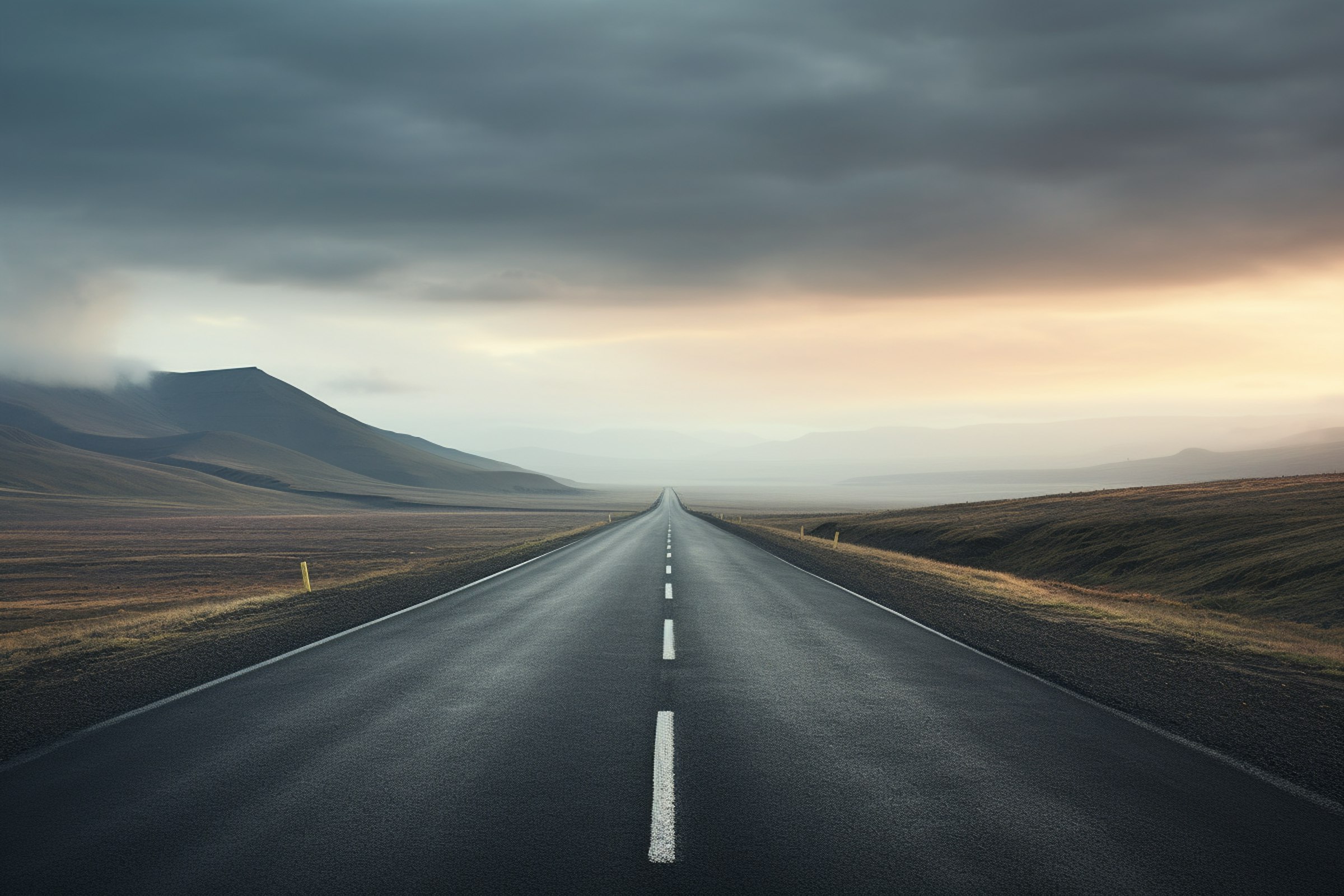 A long, straight road disappears into the distance under a dramatic sky.  Mountains are visible in the far background.