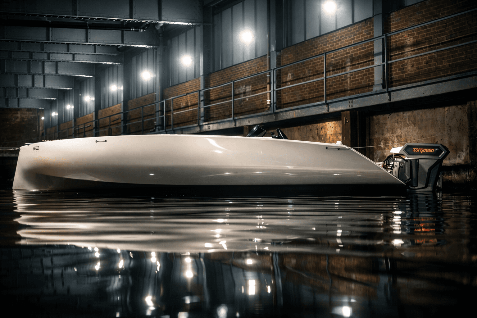Underside view of Kaebon electric boat carbon hull inside workshop during construction