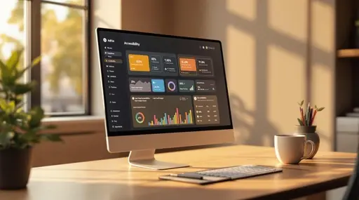 Stylized illustration of business professionals and a humanoid robot interacting with digital dashboards displaying analytics and profiles