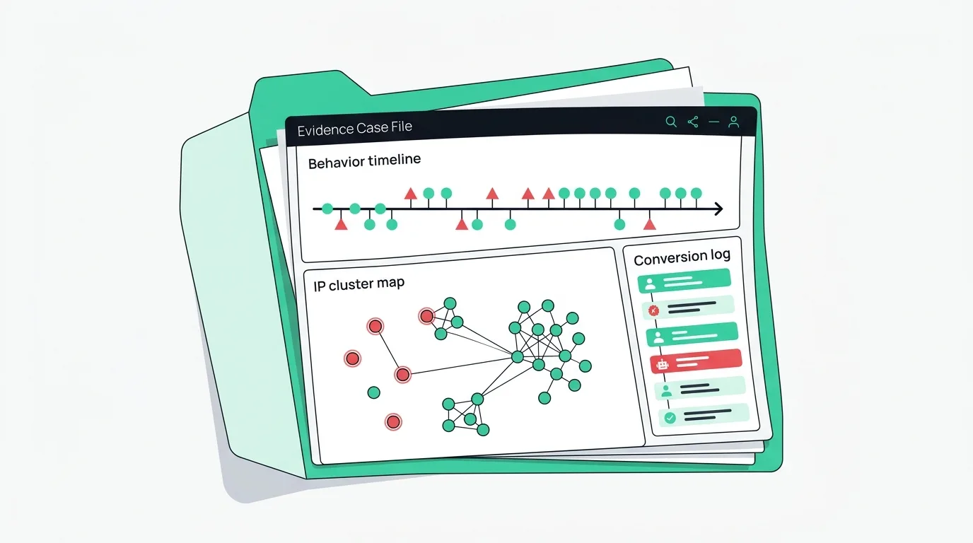 Evidence case file opening to reveal a behavior timeline, an IP cluster map, and a conversion log, in fraud0 charcoal, green, and red palette