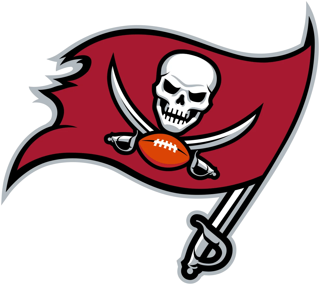 Official Tampa Bay Buccaneers logo featuring a red pirate flag with a white skull, crossed swords, and a football centered beneath the skull.