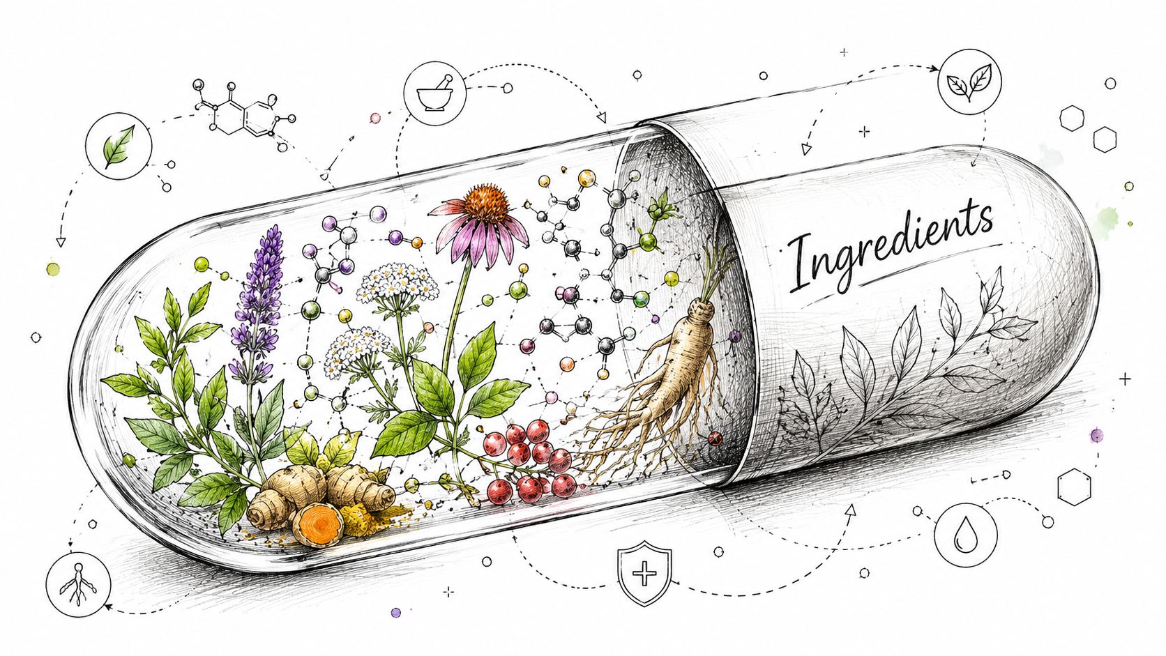 A conceptual illustration of a transparent capsule filled with various botanical herbs and chemical molecular diagrams.