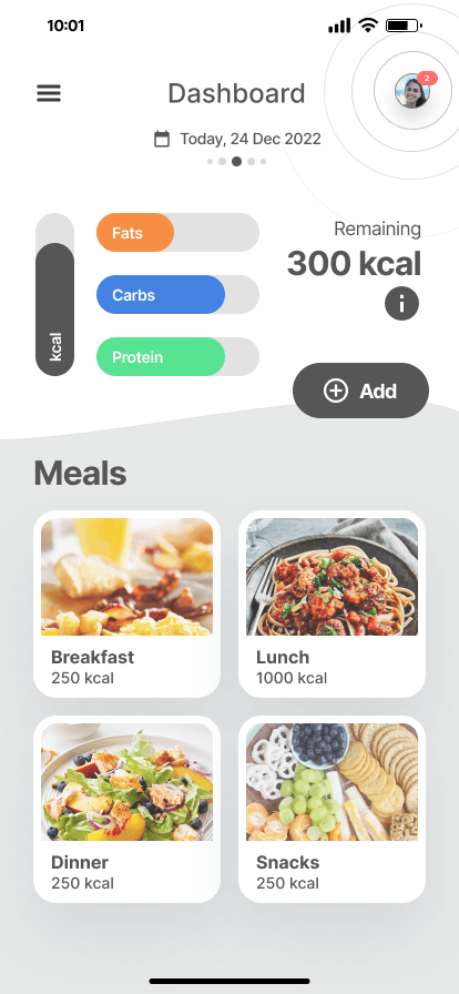 Calorie app - dashboard