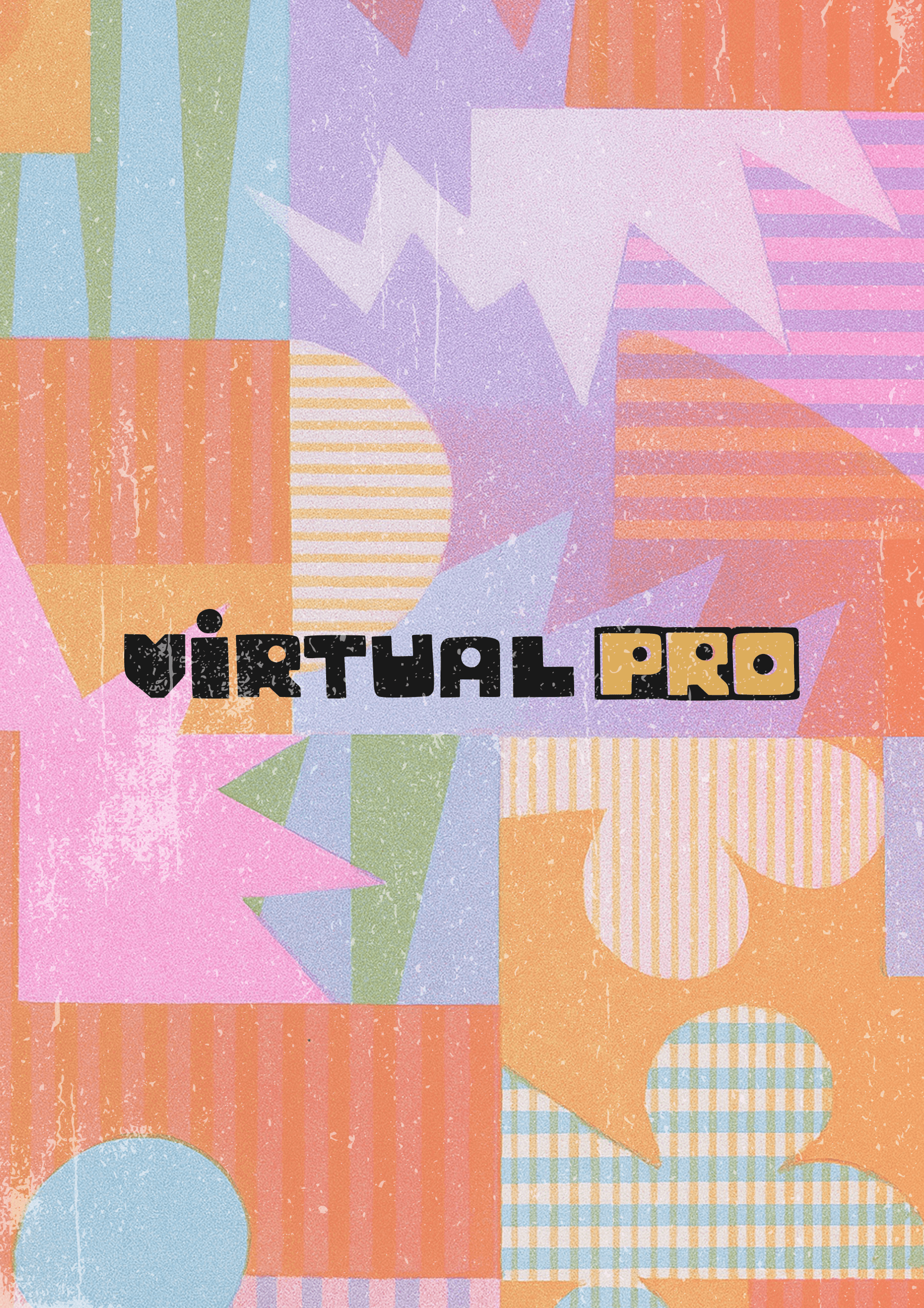Retro collage illustration with pastel geometric shapes, textures, and overlapping patterns, Virtual PRO wordmark in the lower left