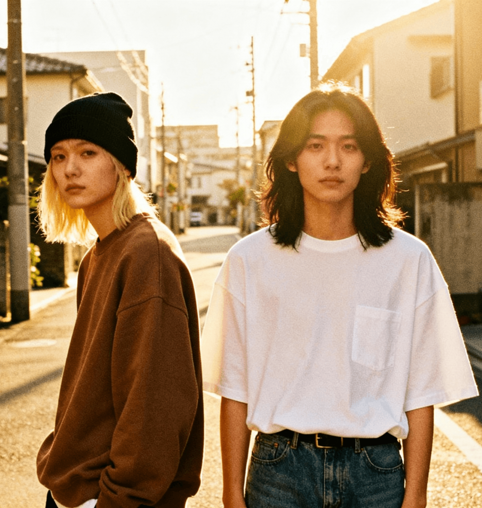 Two people standing on a residential Japanese street at golden hour - one wearing a black beanie and brown sweatshirt, the other in a white oversized t-shirt with dark shoulder-length hair