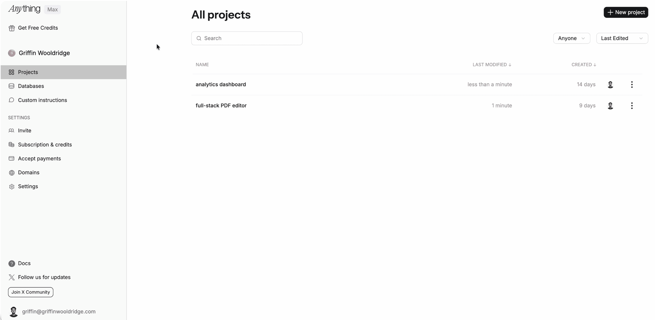 Anything dashboard with left sidebar showing projects, databases, and custom instructions