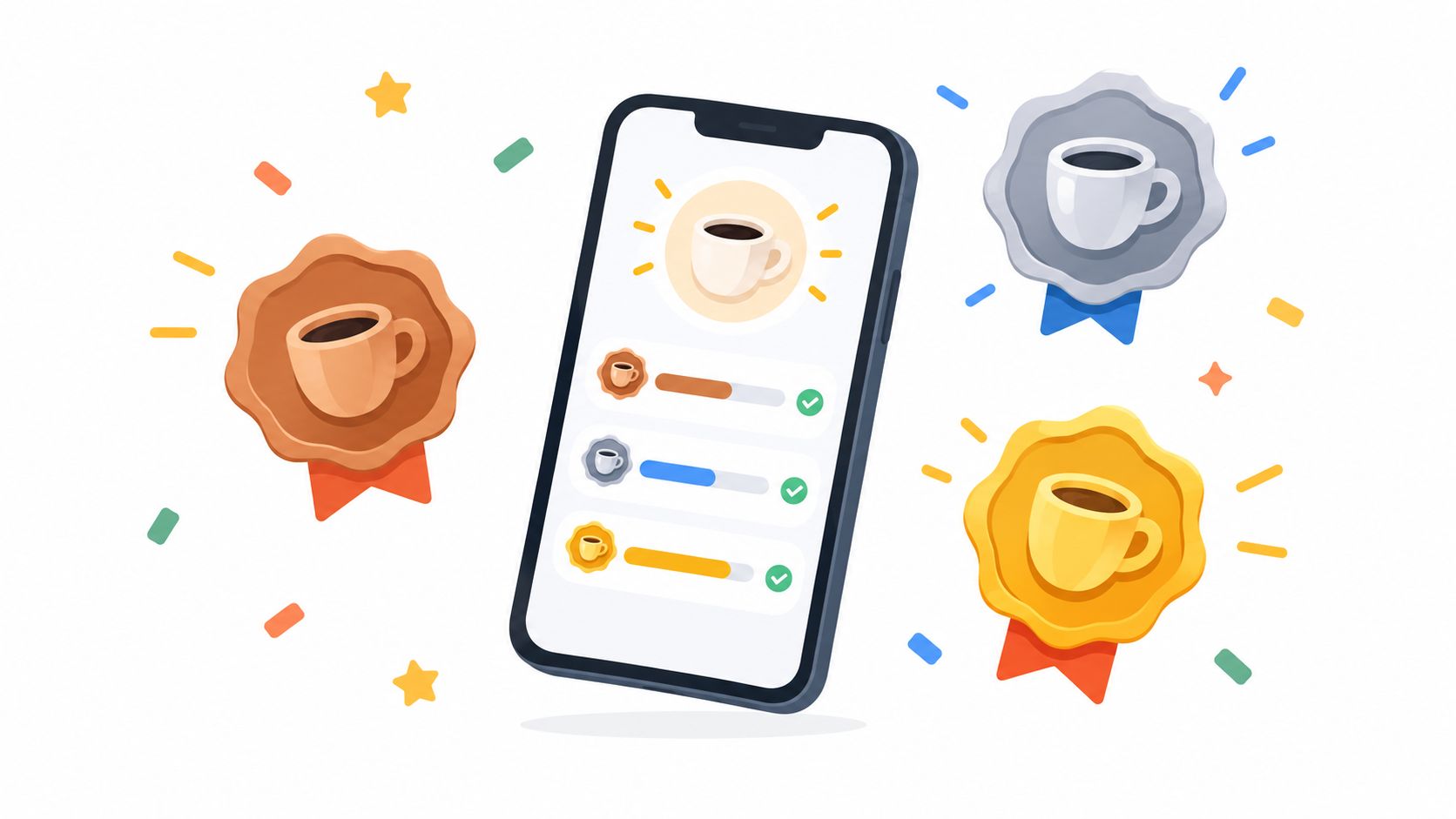 Un smartphone mostrando una aplicación de recompensas de lealtad para cafeterías con iconos de tazas de café.