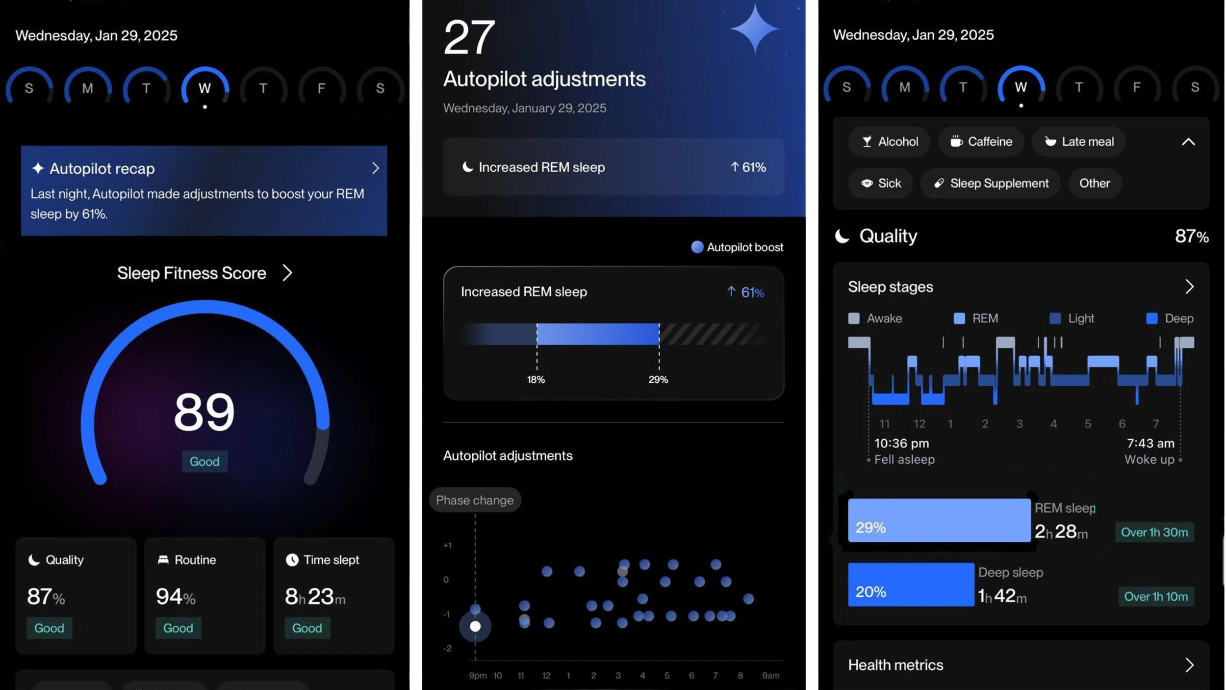 Collage of Eight Sleep app screens showing a sleep score, autopilot adjustments, and sleep stage charts