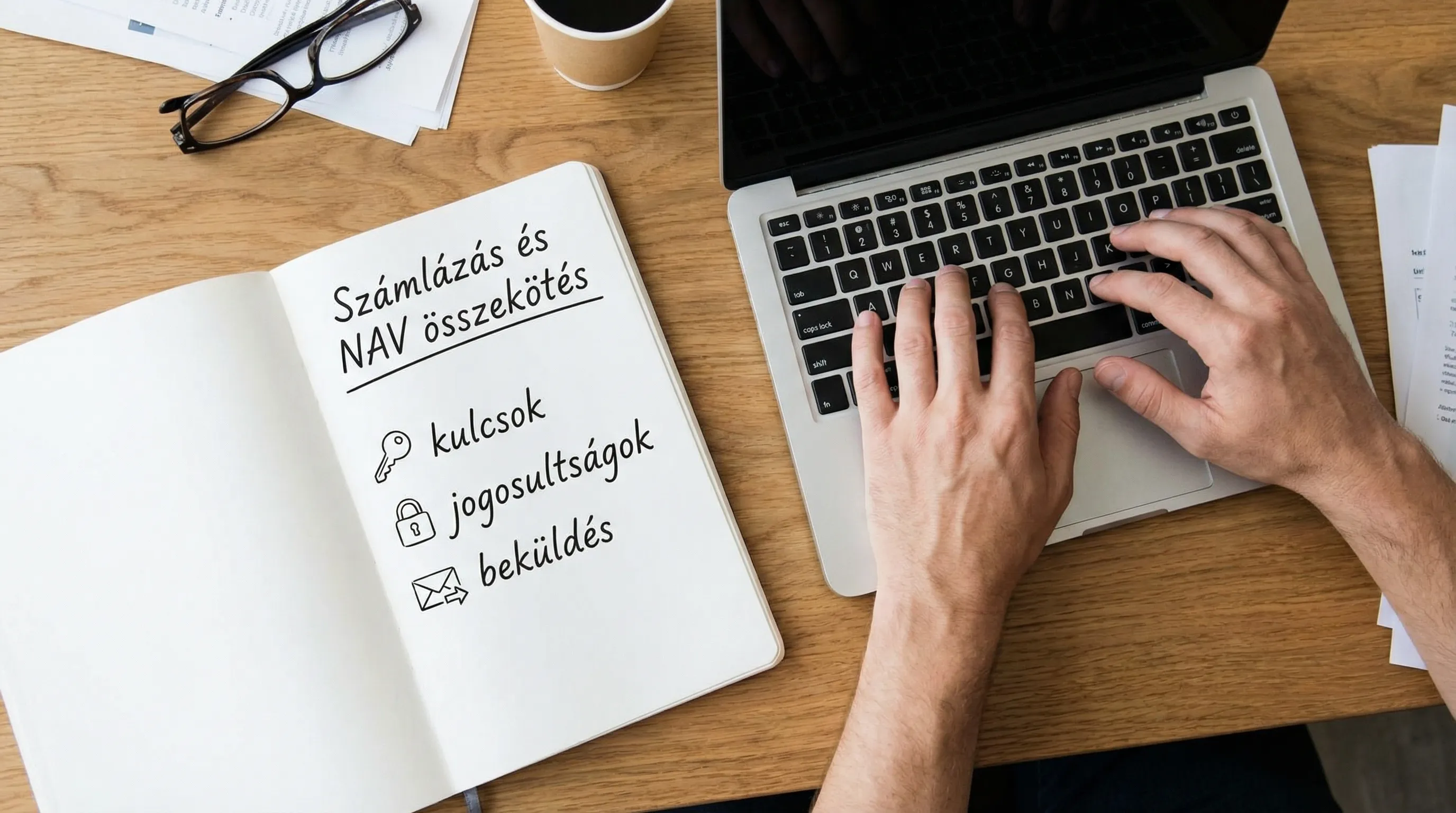 Illusztráció egy vállalkozó adminisztrációs folyamatról: laptop mellett jegyzetfüzet, láthatóan számlázási és NAV összekötési ellenőrzőlista, egyszerű ikonokkal jelölt „kulcsok”, „jogosultságok” és „beküldés” lépések.