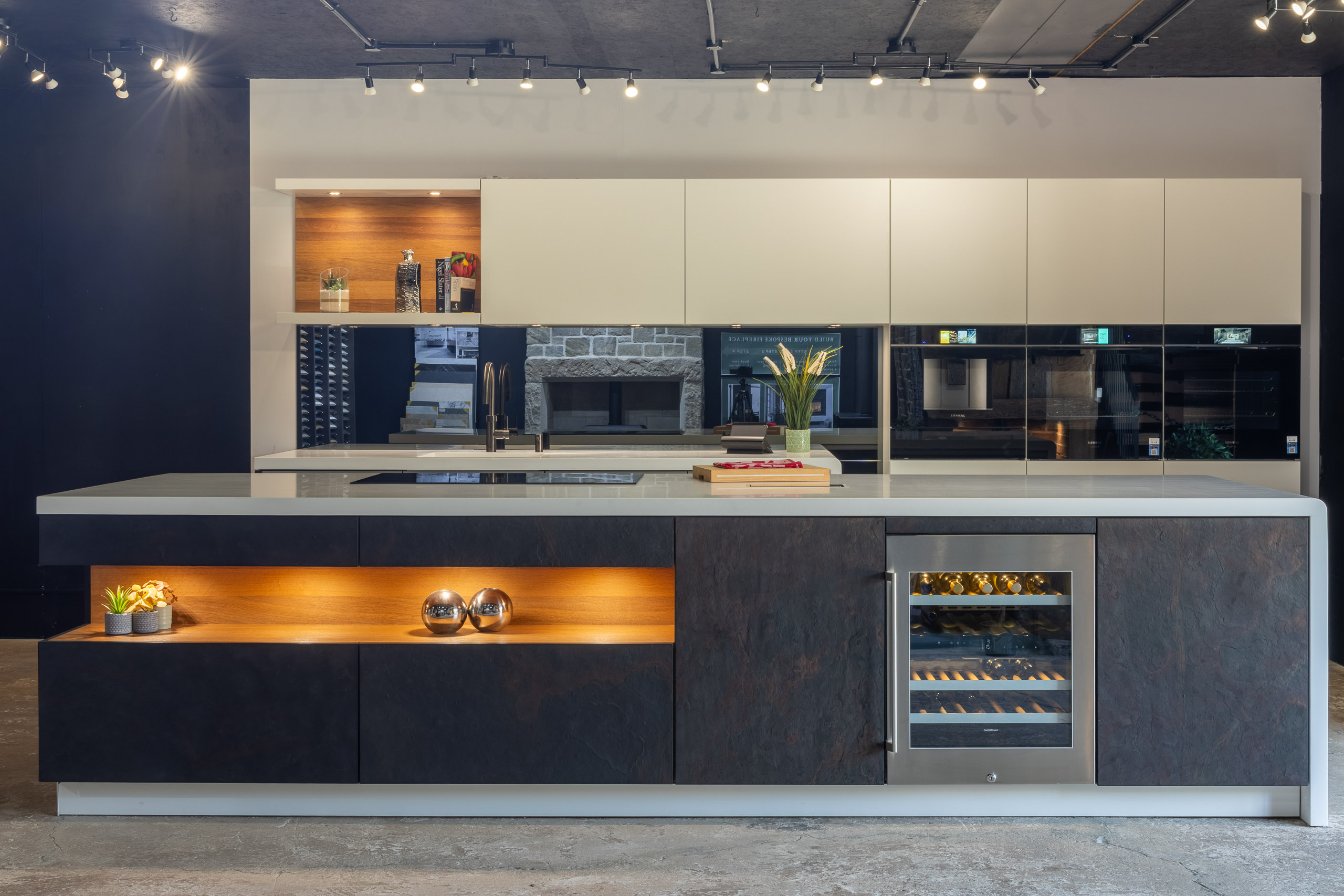 blue shaker kitchen with quartz worktops in chinley derbyshire