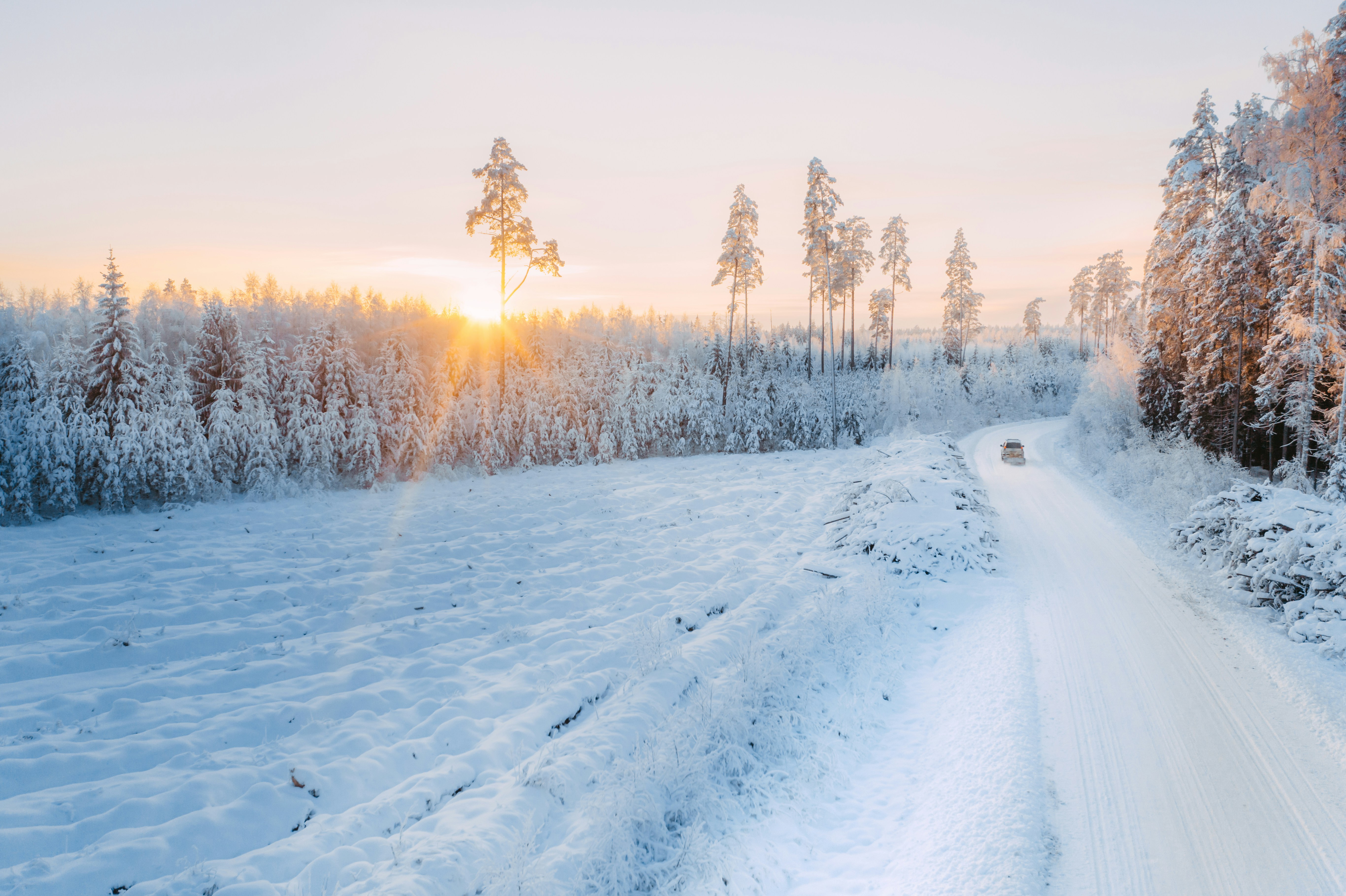 Car driving on a snowy road through a winter forest